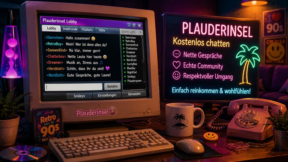 Plauderinsel Retro-Chatvorschau mit Lobby, netten Gespr&auml;chen und Community-Hinweisen