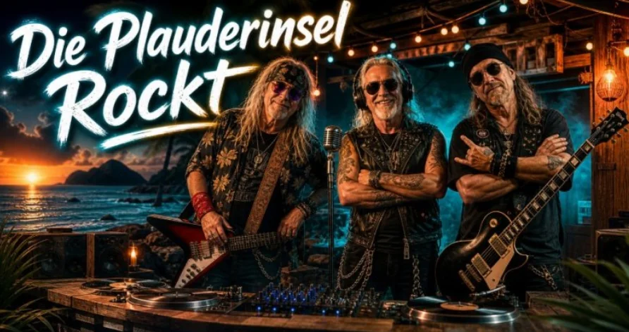 Drei Rockmusiker am Mischpult von Radio Plauderinsel