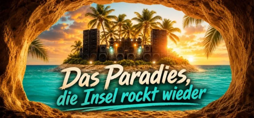 Rockbühne auf einer tropischen Insel bei Sonnenuntergang